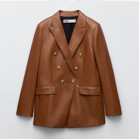ZARA Faux Leather Brown Blazer Size S - Picture 8 of 16
